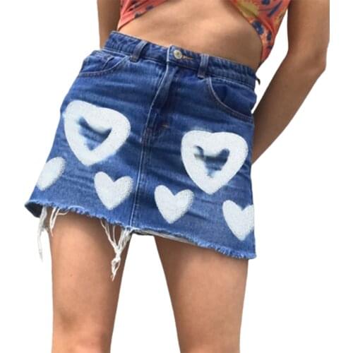 Sexy Women Denim Mini Skirt Fashion Summer High Waist Korean Blue Skirt Package Hip Jeans Harajuku Love Heart print A-line Skirt