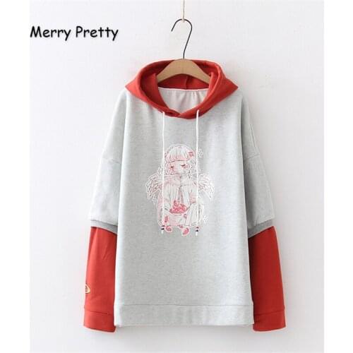 Merry Pretty Women Cartoon Print Red Hoodies Sweatshirts 2020 Winter Long Sleeve Patchwork Hooded Plus Velvet Pullovers