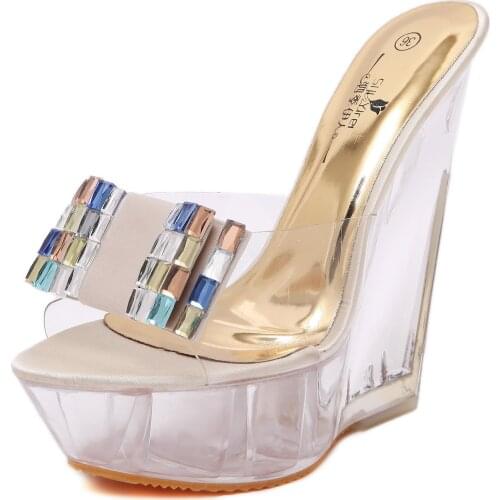 Women Rhinestone Glass Crystal Wedge Clear Heel Summer Waterproof Platform Bottom Super High Heel Sandals Lady Sexy Sweat Sandal