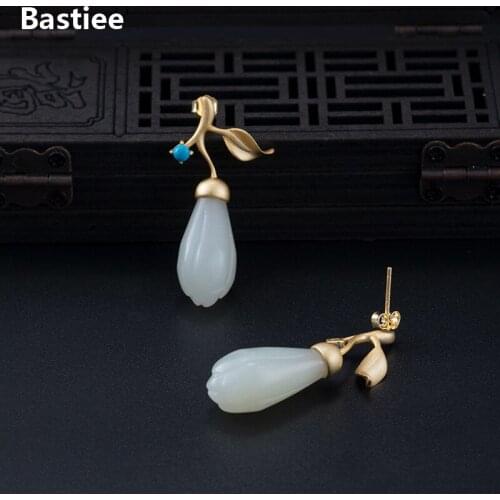 Bastiee Gold Plated Jade Drop Earrings Turquoise 925 Sterling Silver Jewelry For Women Accessories Magnolia Flower Earings Gifts
