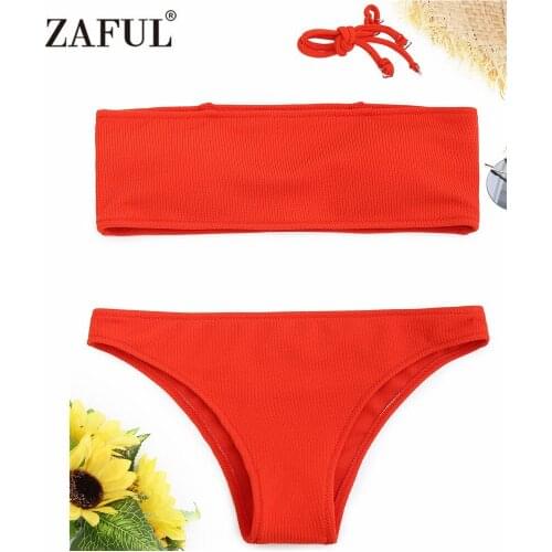 ZAFUL New Women Bandeau Ribbed Bikini Set Swimwear Women Swimsuit Strapless Convertible Collar Two Piece Bathing Suit Biquni