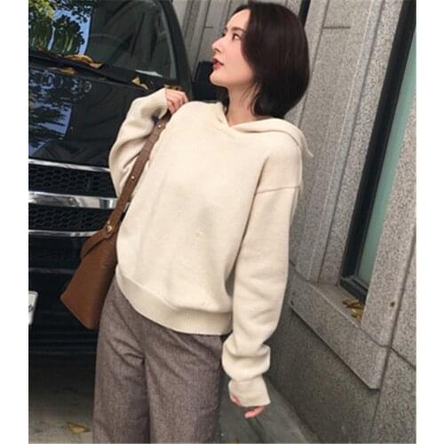 100%cashmere solid knit women korean style hooded loose thick pullover sweater S-2XL