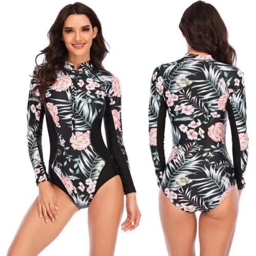 Lady One Piece Swimsuit Print long Sleeve Women zipper Rash Guard Swimwear Bathing Suit female Surfing Swimming Suit
