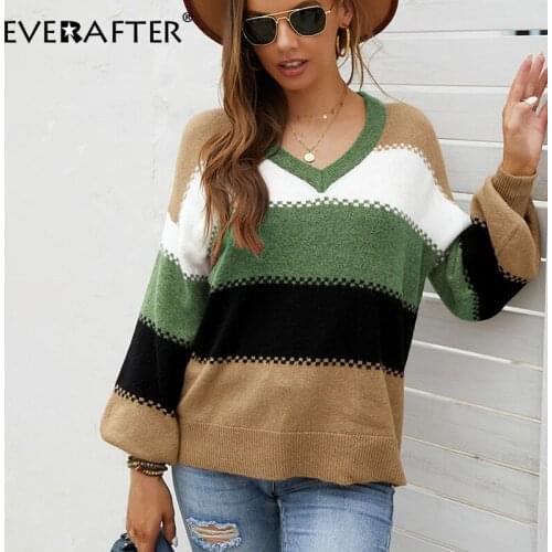 EVERAFTER Patchwork V-neck Womens Sweater Casual Long Sleeve Office Lady Pullover Jumper Knitted Autumn Winter Sweaters 2021