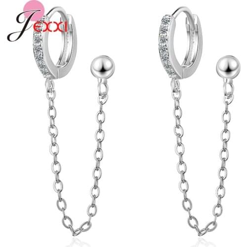 Gold Color Two Piercing One Side 925 Sterling Silver Chain Drop Earrings Rhinestone Eardrop For Double Hole Earring Jewelry