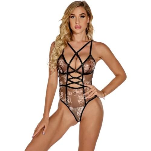 2021 Women Fashion Print Lingerie Teddies Bodysuits Perspective Backless Suspender Sleeping Dress Female Sexy Bodysuit Sleepwear