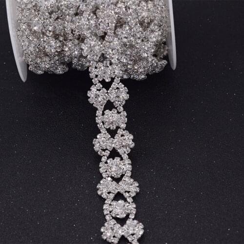 5yards/lot silver rhinestones trimmings for wedding dress belt sash appliques crystal sew on flower women clothings DIY sew on