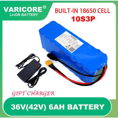 VariCore 36V 6Ah Electric Bike batteries Built in 20A BMS 18650 10S3P Lithium Battery Pack with 42V 2A E-bike Charger