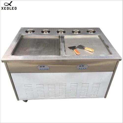 XEOLEO Double Compressor Roll ice cream maker 3000W Roll Ice machine Fry yogurt machine Double pots Ice Frier 220V/110V 5 Barrel
