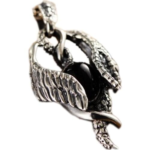 BOCAI 2021 Fashion s925 sterling silver Jewelry Retro Domineering Dragon Wings Black Agate Personalized Man Pendant