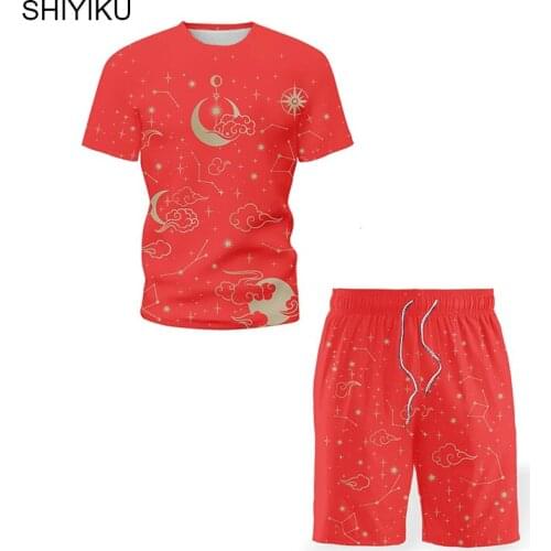 SHIYIKU BrandMens Sportswear 2-Piece Suit Red Moon Digital Print T-Shirt Shorts Summer Casual Wear Short-Sleeved Two-Piece Suit