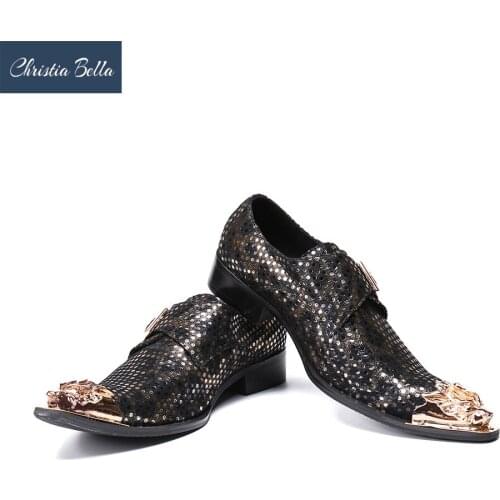 Christia Bella Men Dress Shoes Genuine Leather Gentleman Party Business Suit Shoes Lightning Print Wedding Party Shoes Plus Size