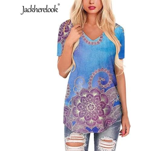 Jackherelook Bohemian Mandala Flower Brand Design Summer Blouses for Womens Clothes Short Sleeve Shirts Female V Neck Top Mujer
