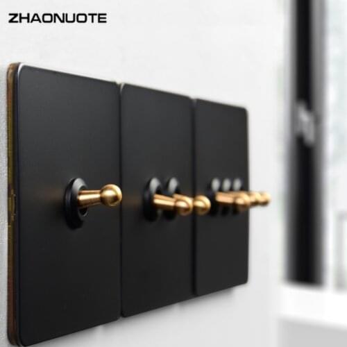 Retro Wall Toggle Switch 1-4 Gang 2 Way Knurled Copper Lever Black Stainless Steel Panel Wall Light Switch EU Socket