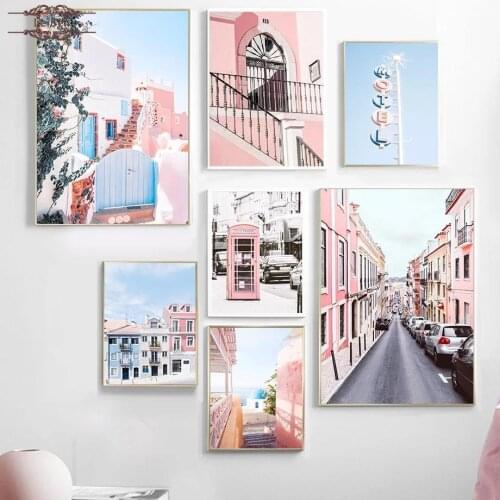 City Landscape Poster and Print Nordic Wall Art Pictures Pink Architecture and Street Canvas Painting for Home Cuadros Decor
