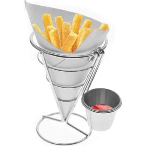 Stainless Steel French Fries Fish And Chips And Appetizers Stand Cone Basket Fry Holder With Sauce Cup Kitchen Party Supplies