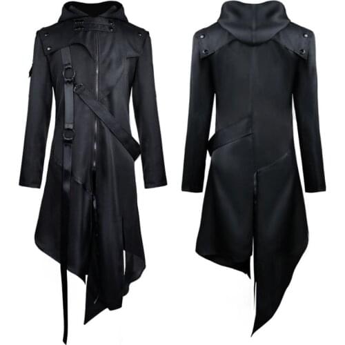 Men Gothic Long Sleeve Hooded Jacket for Halloween Cosplay Vintage Halloween Costume Autumn Fashion Warm Trench