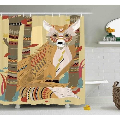 Fox Shower Curtain Animal Theme a Fluffy Fox in The Forest and Tree Trunks Decorative Pattern Wall Decoration Hanging Curtains