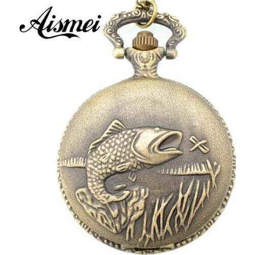 New Steampunk Quartz Dress Pocket Watch Fish Vintage Style Bronze Necklace Pendant Chain Clock 5pcs/lot