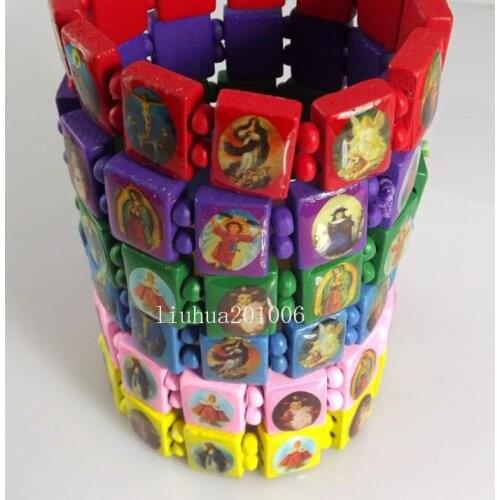 Wholesale 60 pcs Mix colors stretchy Jesus Wood Bracelets Fashion Jewelry