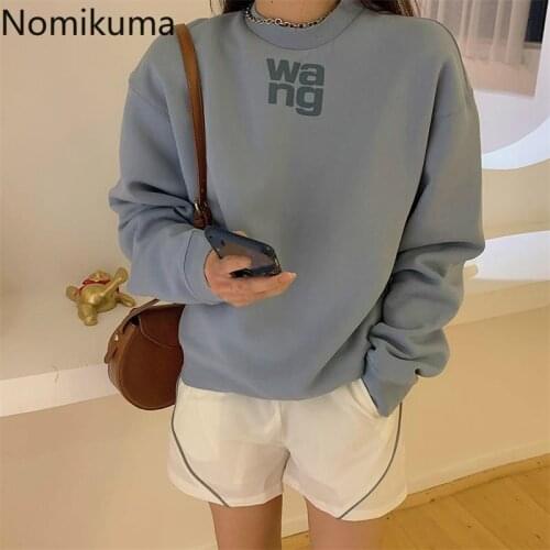 Nomikuma 2020 Autumn Winter Fleece Women Sweatshirt Letter Printed Korean Causal Pullover Jumper Long Sleeve O-neck Hoodie 6C177