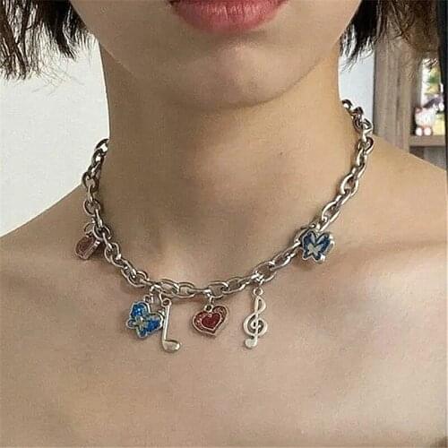 Hip Hop Stainless Steel Necklace Girls Romantic Butterfly Notes Heart Shape Clavicle Chain Trend Punk Choker Party Accessories
