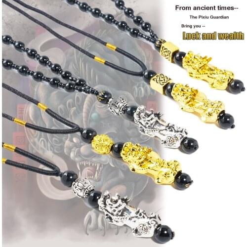 Pixiu Pendant Necklace Symbol Wealth and Good Luck Charm Necklace Chinese Feng Shui Faith Obsidian Stone Beads Necklaces Gifts