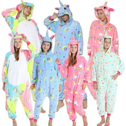 Kigurumi Unicorn Pajamas for Aldult Kids Cartoon Animal Sleepwear Baby Boys Hooded Flannel Costume Children Teens Panda Jumpsuit