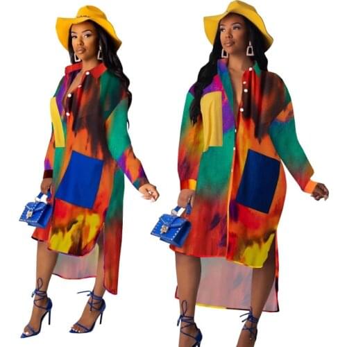 Long-Sleeved Shirt Dress African Clothing Casual Womens Slim Long Skirt Dashiki Print Irregular Long Single-Dreasted Loose Shirt