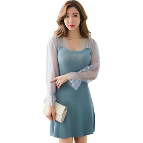 Mesh Patchwork Green Knitted Dress Women Oversized Long Sleeve Mini Dresses Ladies Loose Autumn Winter Dress Women Sukienki Ropa