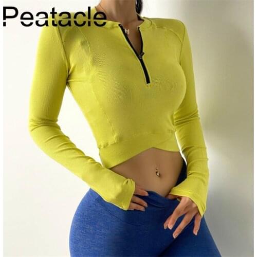 Peatacle Half Zipper Sports Top Womens Long Sleeve Tight-fitting Navel Quick Dry T-shirt Running Training Yoga Fitness Clothes