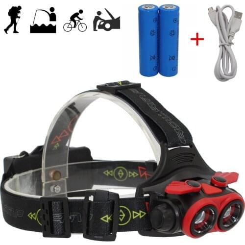 USB Rechargeable Headlight Zoom Headlamp LED Head Lamp 2x XM-L T6 LED White Light Flashlight + 18650 Battery + USB Charger