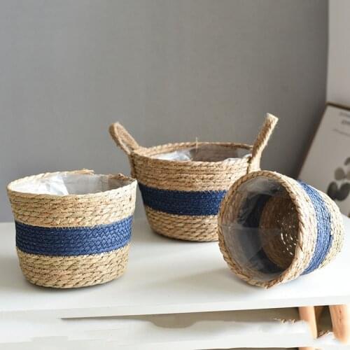 Rustic Handwoven Straw Flower Pot Indoor Plants Container Laundry Picnic Toy Storage Basket Home Decoration