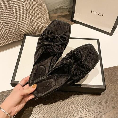 Fairy Double bow-knot modern slippers women sandals summer beach shoes woman flat cut out square toe satin slides pantuflas 2021