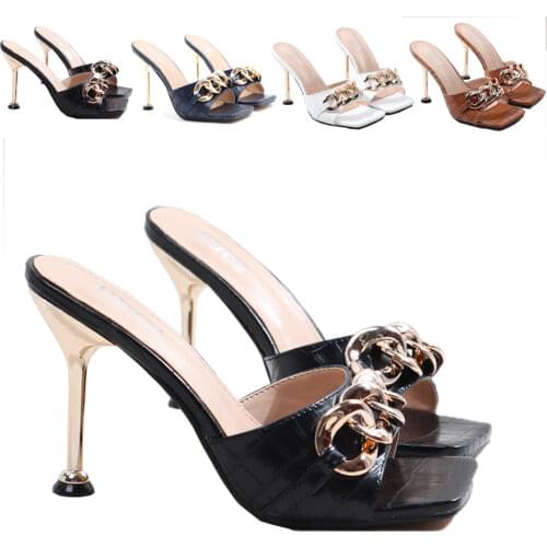 2021 Summer Women Sandals Sexy Square Head Slippers Fairy Wind Open-Toed Heels Wear Party High Heels Female Shoes