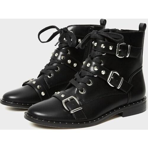 Fashion Womens Ankle Boots Motorcycle Retro Rivets Low Heels Shoes Buckles Black Brown J48
