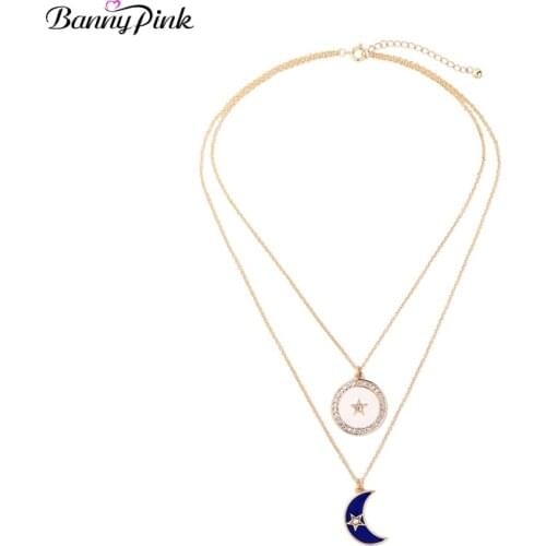 Banny Pink New Punk Enamel Star Moon Pendant Choker Necklace For Women Elegant Double Dangle Necklace 2 Rows Metal Chain Collar