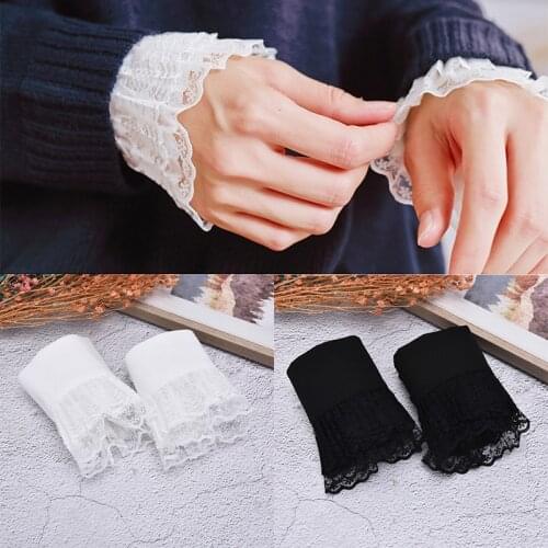 1pair Women Girls False Cuffs Decorative Chiffon Fake Flare Sleeves Floral Lace Pleated Ruched Apparel Wrist Warmers With Button