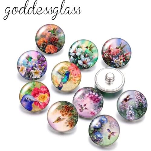 New Flowers Birds Hummingbird Magpie Cute animal 10pcs Round photo 18mm snap buttons for 18mm snap necklace DIY findings jewelry