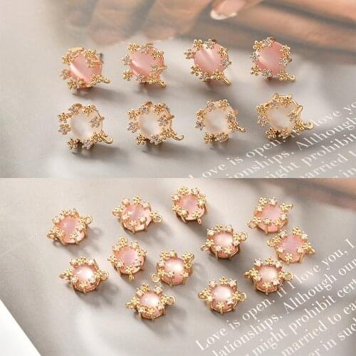 2pcs Zircon flower cats eye round belt hanging silver needle pendant diy earring ear needle bracelet accessories material