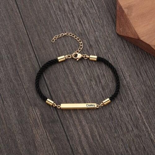 Stainless Steel Engraving Customized Words Bar Bracelet Black With Gold Plated Adjustable Bangle Bracelets For Women Men