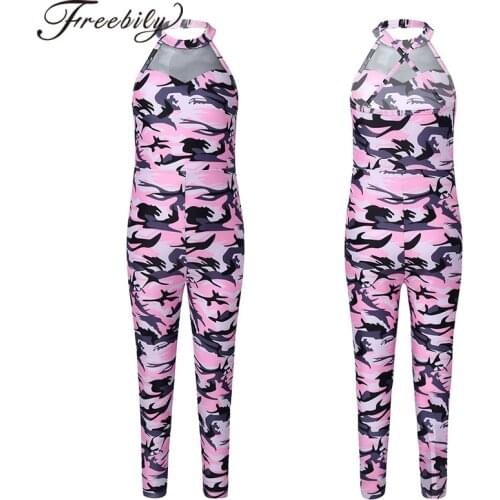 Kids Girls Camouflage Gymnastics Leotards Dancewear Halter Neck Back Sleeveless Open Upper Back Jumpsuit Gym Yoga Sport Bodysuit