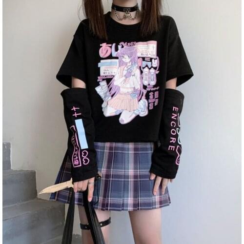 Japanese Anime T Shirt Long Sleeve Top Zipper Removal Tee JK Girl Cute Loose Student Tshirt Women Harajuku Cartoon Printed Tops