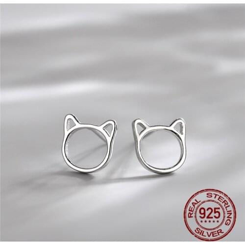 INEFFA 2021 100% 925 Solid Real Sterling Silver Brushed Finish Hollow Cute Cat Face Stud Earrings for Women Girls Birthday Gifts