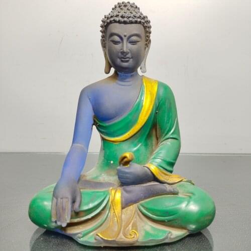 7"Chinese temple collection Old colored glaze Ancient law Painted Shakyamuni Buddha Statue Back light Sitting Buddha Amitabha