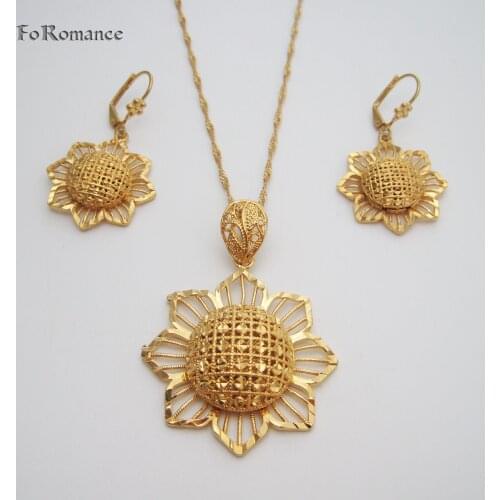 SUN FLOWER ETHIOPIAN JEWELRY SET PENDANT 18INCH OR 24INCH CHAIN EARRING YELLOW GOLD COLOR AFRICAN FLOWERS SET FOR WOMEN GIRLS