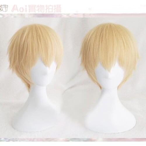 Game Fate/Stay Night Zero Gilgamesh Cosplay Wigs Short Golden Blonde Heat Resistant Synthetic Hair Wigs + Free Wig Cap