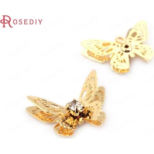 F315)10 pieces 20*13mm 24K Gold Color Brass with Glass Rhinestone Butterfly Charms Pendants High Quality Diy Jewelry Findings