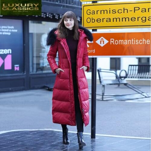 Jacket Fashion Womens Down Large Raccoon Fur Hooded Korean XLong White Goose Down Coat Female Thick Warm Parka Hiver 082