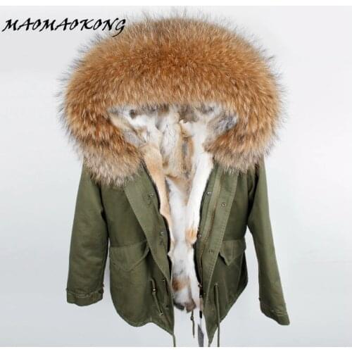 Fashion womens natural rabbit fur lined hooded coat mini parkas Large raccoon fur collar outwear winter jacket